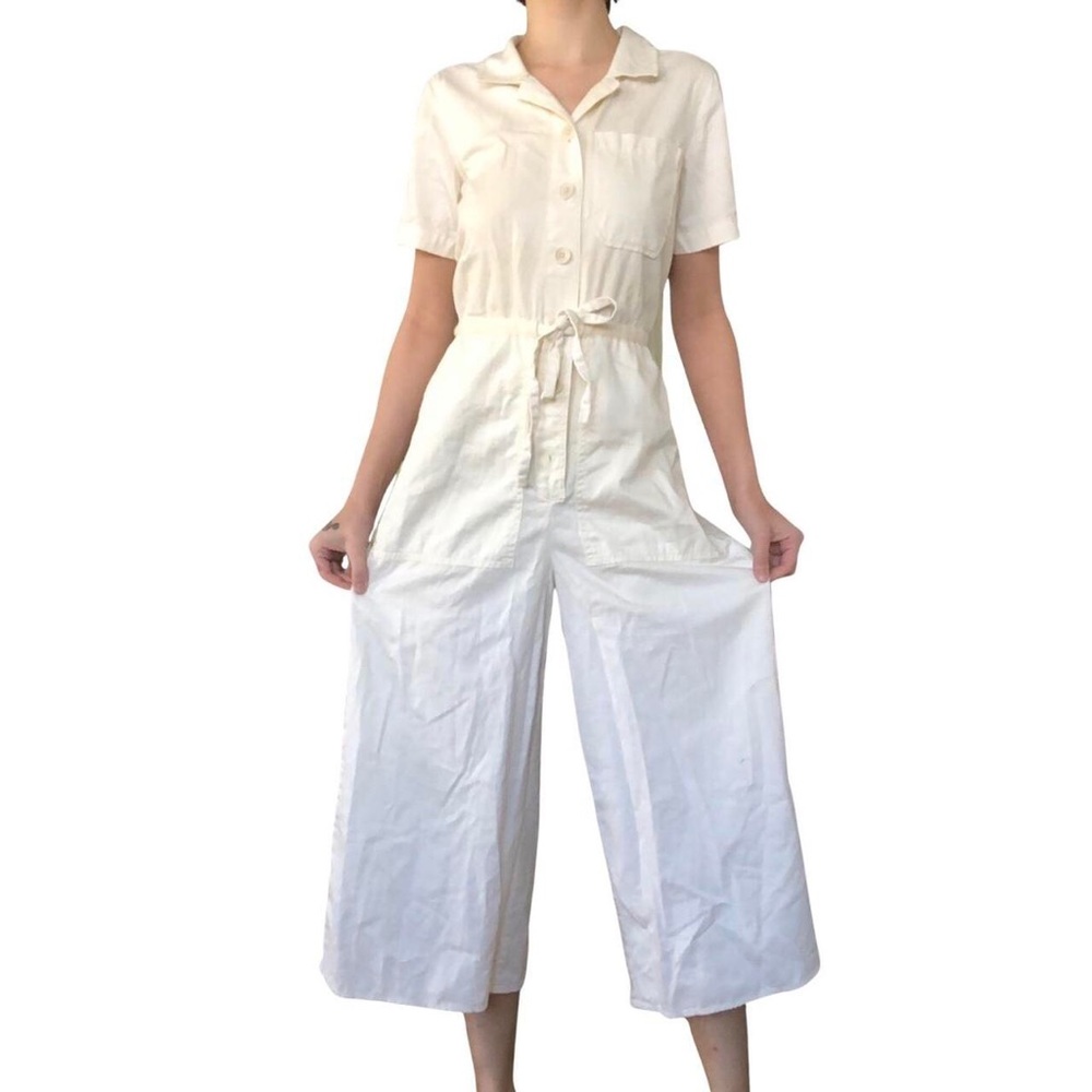 ❥ button down white flare romper ❥